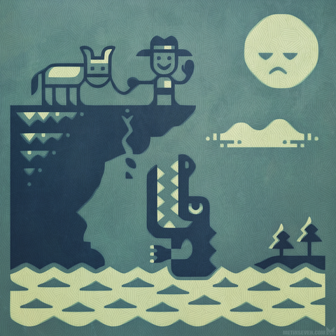 Stylized 2D artwork, showing a happy character with a donkey waving at the viewer. They are standing on the edge of a ravine that is slowly crumbling. Beneath them is a large crocodile, smilingly waiting for them to fall down.