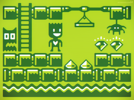 Stylized 2D artwork of an imaginary platform game, in green Game Boy colors.