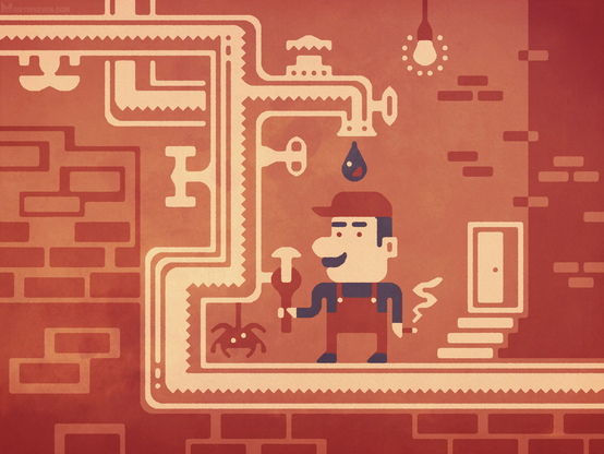 Stylized graphic illustration, showing the Mario game character repairing a large pipe in a cellar.