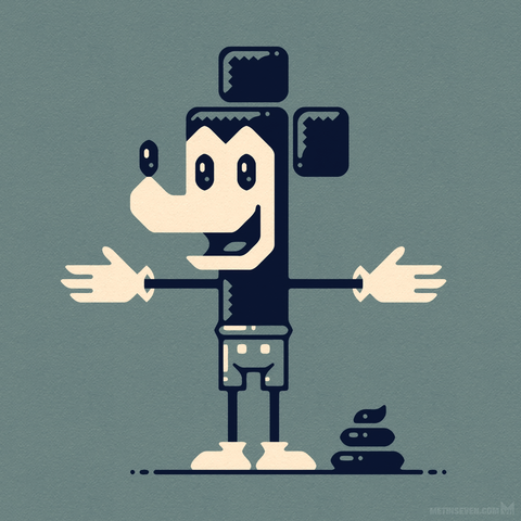 Stylized graphic illustration of Mickey Mouse happily standing next to a turd.