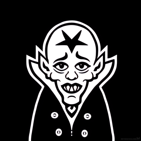 Black and white comic-style drawing of a young Nosferatu vampire with a pentagram-shaped star tattooed on his forehead.