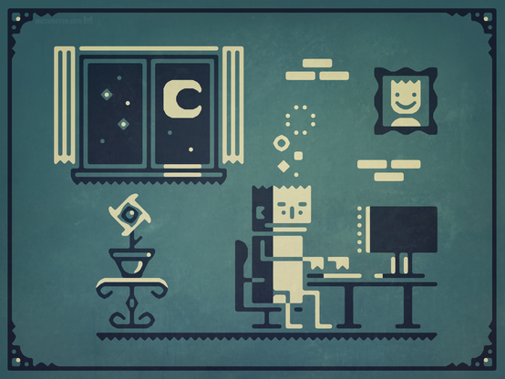 Stylized graphic illustration, showing a tired figure sitting in front of a computer screen at night.