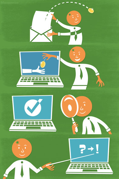 Four graphic vector drawings in a vintage cartoon style, featuring a friendly smiling character with an orange fruit head.