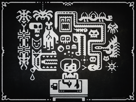 Graphic-style 2D artwork, showing a stylized character drawing on a tablet computer. Above his head you can see floating monsters from his imagination.