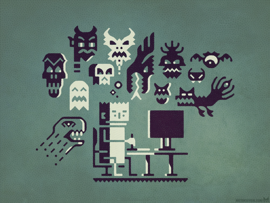 Graphic-style 2D artwork, showing a stylized character sitting in front of his computer, while drawing on a tablet. Above his head you can see floating monsters from his imagination.