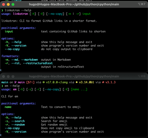 Colour output of `linkotron --help` and `em --help`.