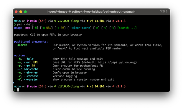 Colour output of `pep --help`.