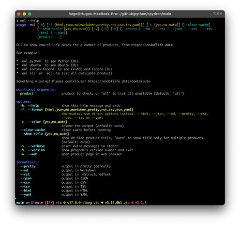 Colour output of `eol --help`.