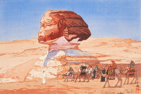 The stone head of the Sphinx rises up out of the desert sands, as a group of people - some on camels, some on mules, some on foot - pass by. Beyond, the desert rolls out toward the horizon, baking hot; above, the sky is clear and cloudless, an intense blue.
