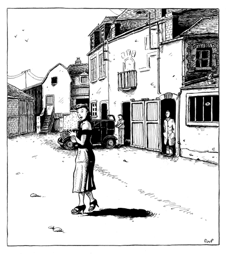 Une jeune femme, sur une place, tourne la tête vers le spectateur. Au second plan on voit un garage où se tiennent deux hommes. L'un semble attendre, posté devant la porte. L'autre s'affaire autour d'une voiture. L'action se déroule dans les années cinquante dans une petite ville de province. On dirait presque la scène d'un film où le héros va arriver par la ruelle au fond. D'après une photo prise à Nevers en 1954.

A young woman in a square turns her head toward the viewer. In the background, we see a garage where two men are standing. One seems to be waiting, positioned in front of the door. The other is busy working around a car. The action takes place in the 1950s in a small provincial town. It almost looks like a scene from a movie where the hero arrives through the alley at the back. From a photo taken in Nevers in 1954.