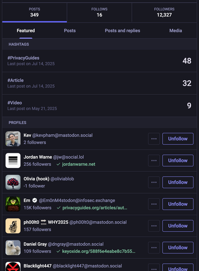 The featured tab on Privacy Guides's Mastodon profile