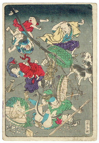 Woodblock print of freshly caught eels escaping their baskets causing chaos in the street.

Image thanks🙇‍♂️ - https://ukiyo-e.org