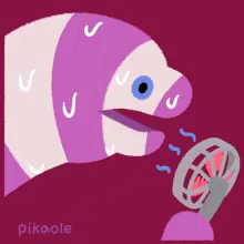 a drawing of a purple and white eel holding a fan