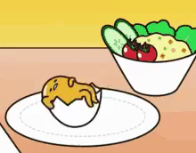 a cartoon drawing of a egg on a plate next to a bowl of salad .