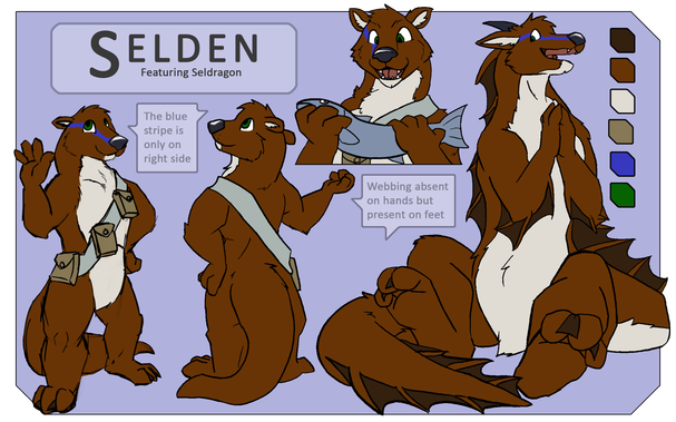 A character reference for Selden the otter, including a pose of Seldragon, the bigger and half-dragon form.