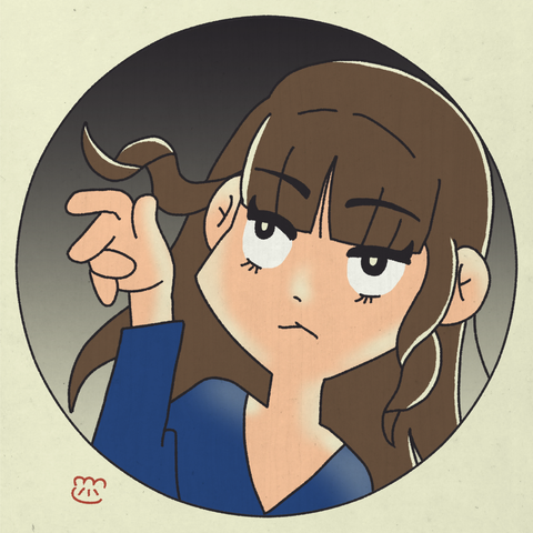 Avatar mignon dessiné en style ukiyo-e. Les cheveux bruns longs sont détachés, avec une frange et deux anglaises.