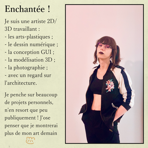 Mon portrait. Je porte des vêtements noirs, une brassière exposant mon ventre. J'ai des couettes, du noir à lèvres et des lunettes.