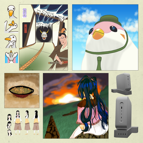 Exemples de ce que je produit. Des emoticones oies, une estampe, quelques dessins et une modélisation d'un ordinateur.