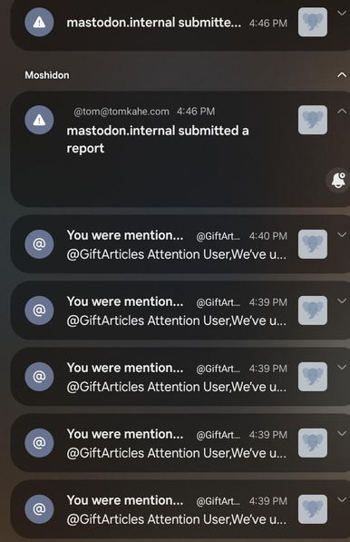 Screenshot of a list of notifications.the top two say "mastodon.internal submitted a report" the rest are spam replies to my bot account