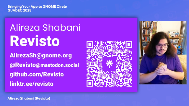 A screenshot of my recording for GUADEC showing my name, my email and Linktree.