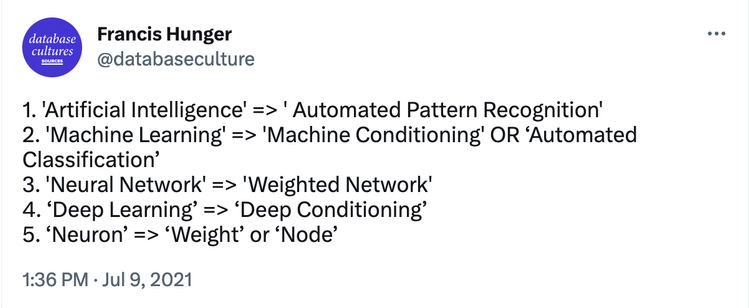 1. 'Artificial Intelligence' => ' Automated Pattern Recognition' 
2. 'Machine Learning' => 'Machine Conditioning' OR ‘Automated Classification’ 
3. 'Neural Network' => 'Weighted Network' 
4. ‘Deep Learning’ => ‘Deep Conditioning’ 
5. ‘Neuron’ => ‘Weight’ or ‘Node’
