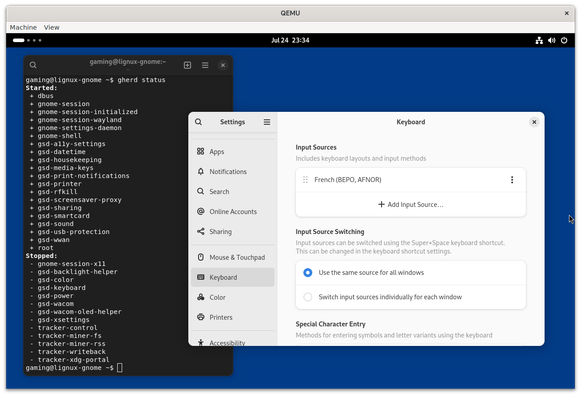A GNOME session in QEMU with two open windows. A settings window shows the keyboard layout set to BEPO. A terminal window shows the output of the ”gherd status” command:

”Started:
dbus
gnome session
gnome session initialized
…
Stopped:
gnome session x11
gsd backlight helper
…”