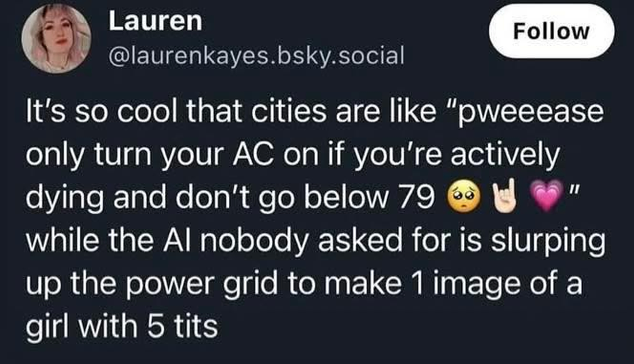 Lauren
@laurenkayes.bsky.social

It's so cool that cities are like “pweeease only turn your AC on if you're actively dying and don't go below 79" while the Al nobody asked for is slurping up the power grid to make 1 image of a girl with 5 tits
