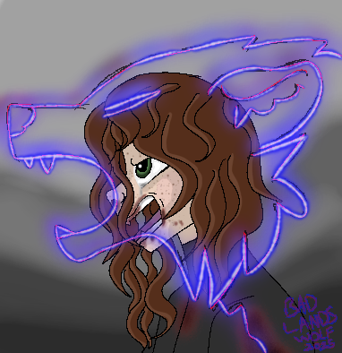 A digital drawing depicting a character against a dark background. She has long brown wavy hair and green eyes. It’s a side profile from the shoulder up. She has a bloody nose & there’s blood around her mouth and on her suit. The clothing is black, though lightened slightly for the black line art to be visible. There are freckles on her face. Slightly visible tears are drawn. Overlaying her figure is a wolf’s head and upper body. It is drawn in glowing blue/red line art but is transparent mostly. It’s snarling in the same direction as the human it’s encompassing, who is depicted as angrily screaming at something the viewer can’t see. 