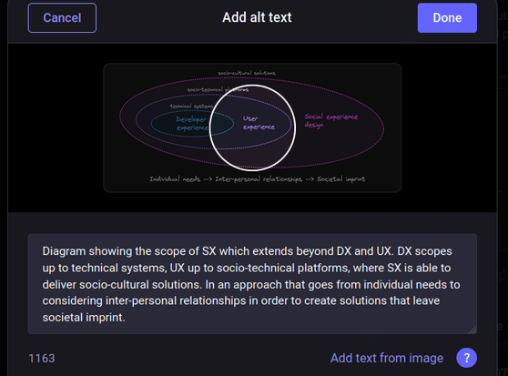 Snapshot of alt-text editor in Mastodon. The text in the uploaded Excalidraw diagram is barely discernable.