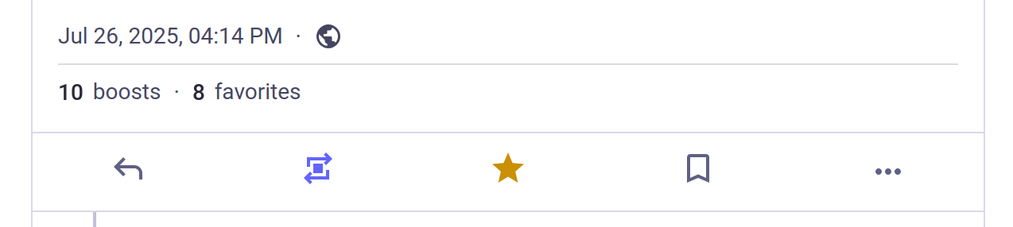 A Mastodon post footer from a recent post, showing "10 boosts, 8 favorites" in between the date and the interaction buttons