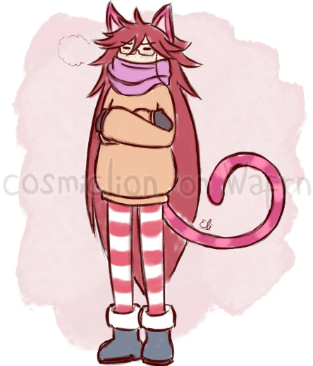 Digital flat color illustration of Grell Sutcliff from Black Butler (in her Cheshire Cat form from the Ciel In Wonderland OVA), drawn in chibi style. She is wearing a peach-colored oversized sweater that reaches her thighs, red and white striped leggings, a pink scarf, dark grey mittens and dark grey boots with white plush. She is frowning, hugging herself and exhaling breath. The background is white with some broad paint strokes in pale pink in the middle.