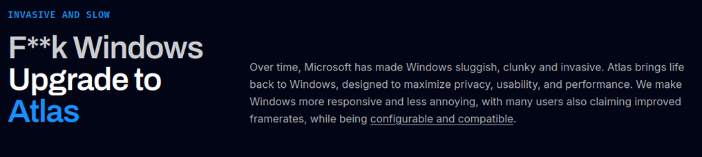 F**ck Windows, Upgrade to Atlas - screenshot from the website