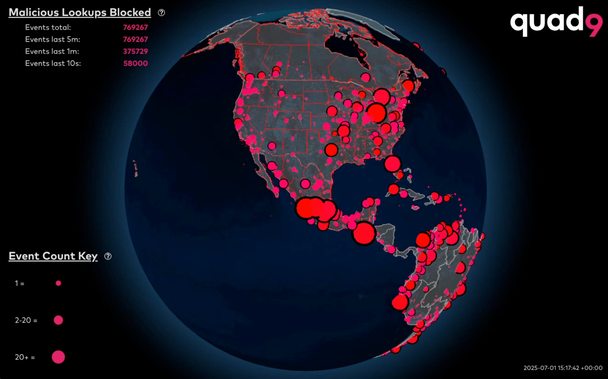 Screenshot of Quad9's visualization tool as an example of our open-source WebGL tool for displaying websocket JSON realtime data and static markers on the Earth's surface.
