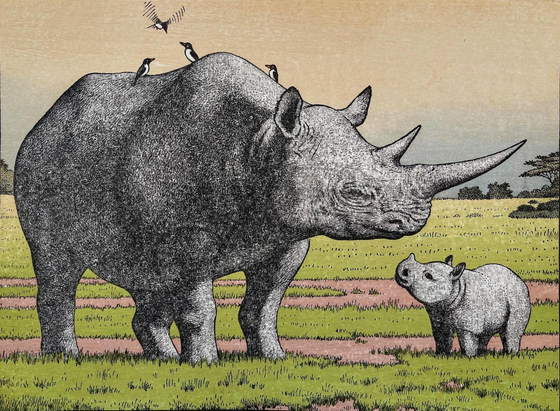 Somewhere in the African savannah, a small baby white rhino looks up at an adult rhino, presumably a parent. Oxpeckers gather on the back of the adult rhino, going about their business. Beyond, grasslands stretch out toward the horizon, dotted with sparse clusters of trees and shrubs. The sky above is murky and overcast.