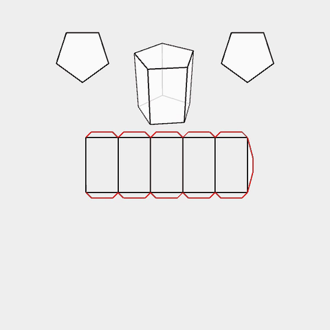 Animation showing an interactive sketch with a prism that becomes a truncated pyramid, number of sides also varies, and under it the unfolded sides connected, with paper tabs for glue.