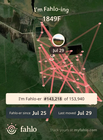 A screenshot of the Fahlo app showing a map of where a real Red Wolf has been traveling in the wild. 