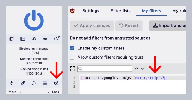 Two screenshots of the ublock origin interface. The first one shows where the settings button is. The second shows where the filters input is on the view behind the tab with the label “my filters.”