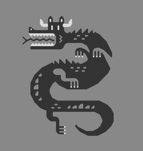 A graphic-style dragon in progress, still in greyscale values.