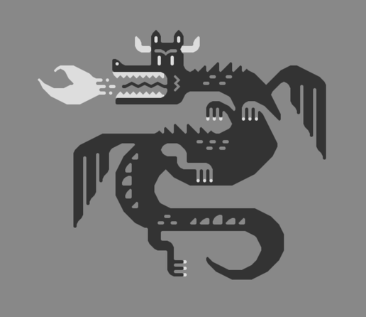 A graphic-style dragon in progress, still in greyscale values.