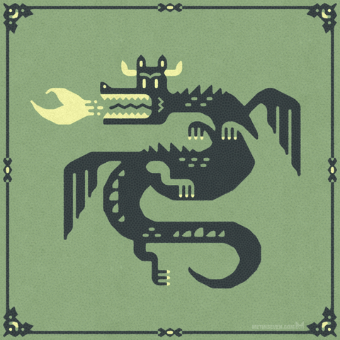 A graphic, engraving-style dragon with green and yellow colors.