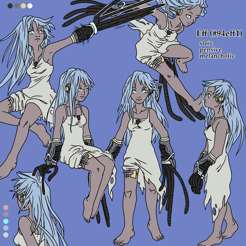 character reference sheet drawn digitally. the colors are mostly cool tones and blues. the character has a muted palette with slightly dark skin and has been drawn many times in different poses from various angles. they have long hair and mechanical arms, with long coil-like digits. 
the test reads: "Eff (#94eff1), stoic, pensive, melancholic"