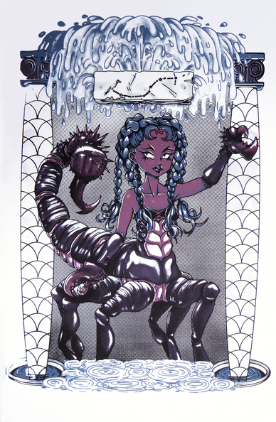 four color screen print representing scorpio of the western zodiac. a plaque showing the constellation hangs between two pillars and flowing water. in the center is a figure which resembles a scorpion centaur. they have magenta and blue tones, with their hair in thick braids