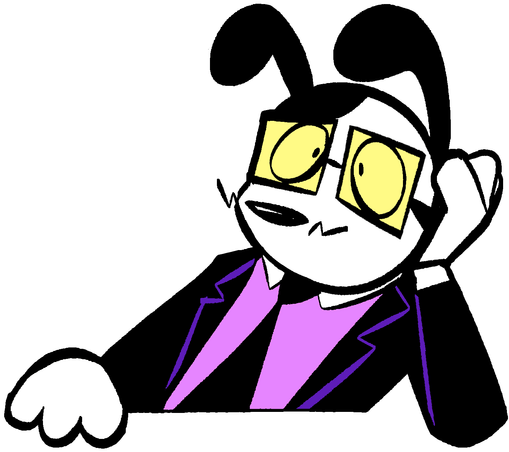 Mem, a black and white cartoon dog with yellow glasses, purple shirt, black necktie and black blazer looks at you and blinks. He holds his head with left paw and apparently sits somewhere