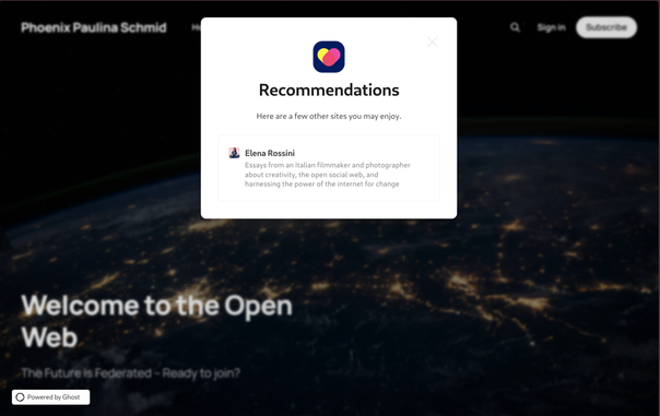 A Ghost native modal for recommendations. Linked is the blog and newsletter of Elena Rossini – an italian filmmaker and photographer.