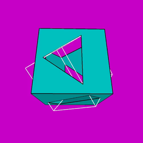 rotating turquoise volume with holes on a pink background, made from subtracting a rotated cube (shown in white wireframe) from a turquoise cube.