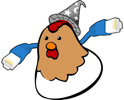 The Fowl logo: a cartoon chicken wearing part of the Magic Wormhole logo as a hat, with two blue ethernet plugs extending from behind, evoking the two peers involved in every connection.