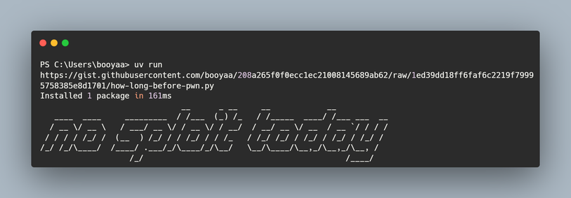 powershell prompt where I'm running a python script in gist. The script installs it dependency (pyfiglet) and prints a banner that reads, "no sploit today"