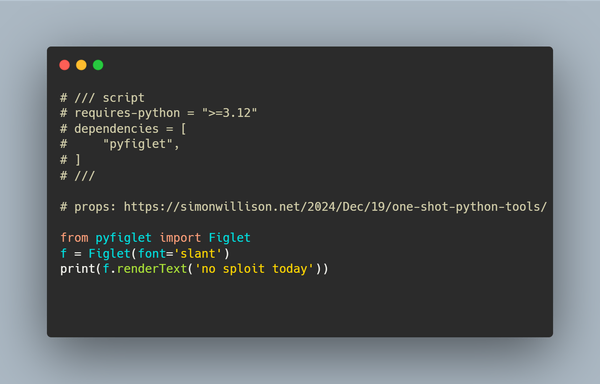 This is the source code to the script run in the previous screenshot. It shows the python dependencies as a preamble comment at the start of the script. Then the script it self imports pyfliglet, initialises the object to use the slant font and then renders the banner by printing the return value from the renderText method. You can see the full text here https://gist.github.com/booyaa/208a265f0f0ecc1ec21008145689ab62#file-how-long-before-pwn-py