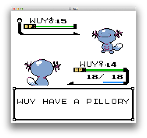 pokemon crystal screenshot of a battle between two woopers: "WUY HAVE A PILLORY"