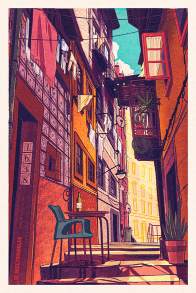 illustration of a quaint, colorful alleyway in Porto. There's laundry hanging from lines above and a chair and table in the foreground with an empty bottle of wine on the table.